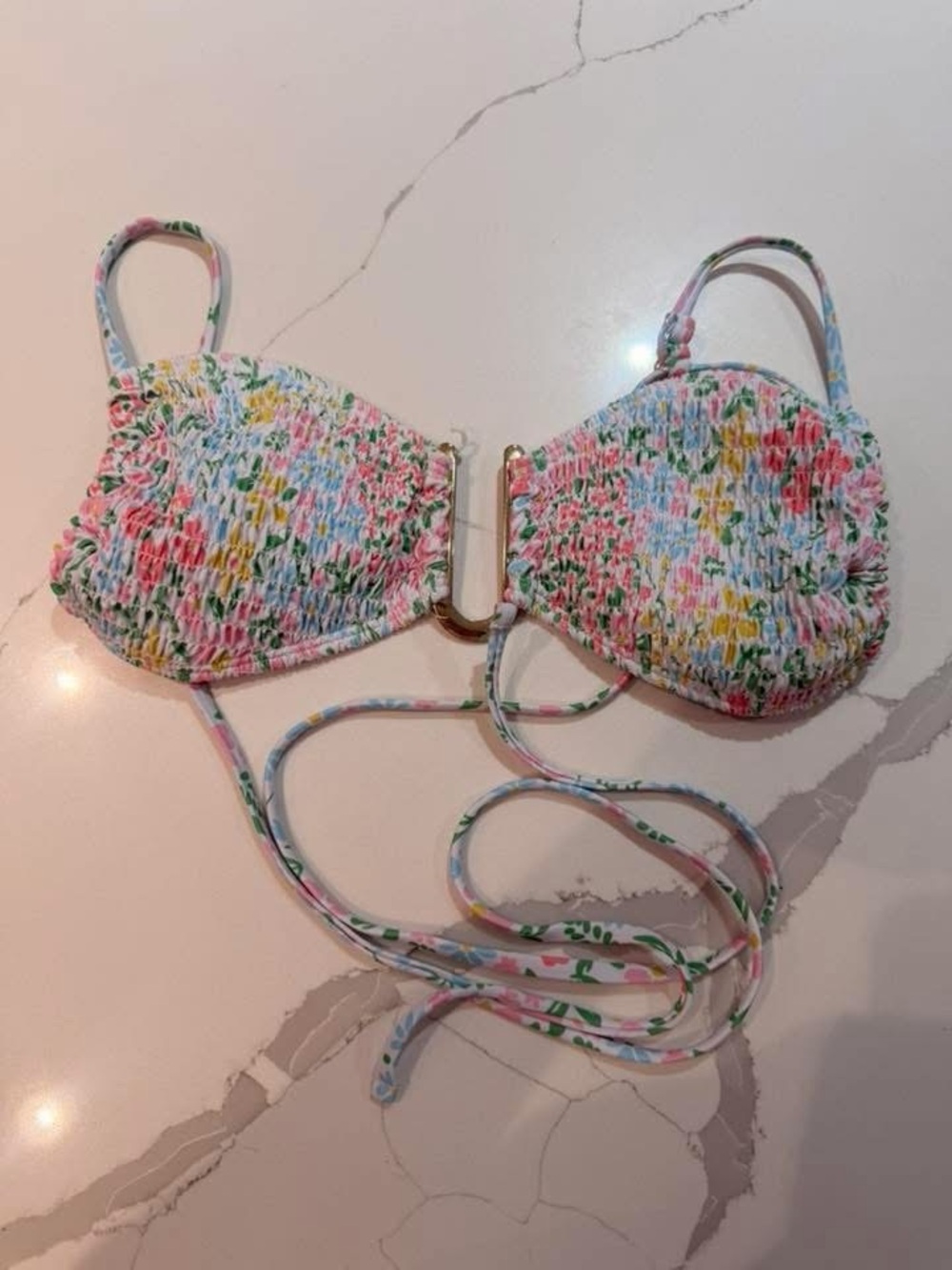 SHEIN Pastel Floral Smocked Bikini Top - Pink, Yellow, Green